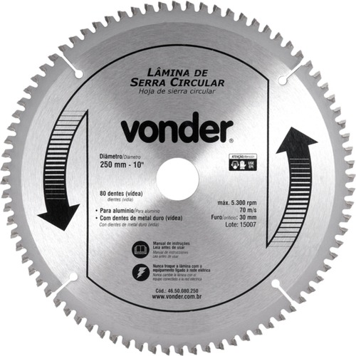 Disco de serra para alumínio 250 x 30 mm 80 dentes Disco de serra para alumínio 250 x 30 mm 80 dentes
