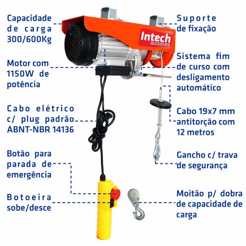 Guincho talha el�trica 300/600 kg eleva��o at� 12 m - ELEV600  220V