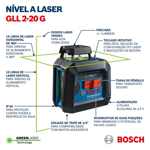 Nível a laser com 2 linhas verdes 360° alcance 10 metros - GLL 2-20 G Nível a laser com 2 linhas verdes 360° alcance 10 metros - GLL 2-20 G
