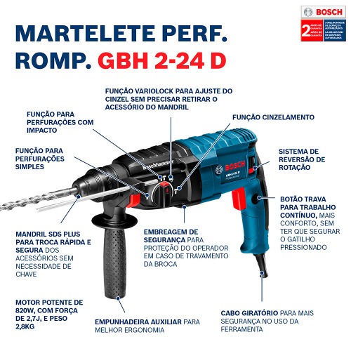 Martelete Perfurador Rompedor 820W 2,7 joules com 5 brocas Sds Plus GBH2-24D  110V