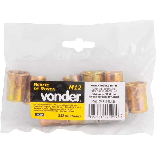 Rebite de rosca M12 x 24 mm com 10 peças - Vonder Rebite de rosca M12 x 24 mm com 10 peças - Vonder