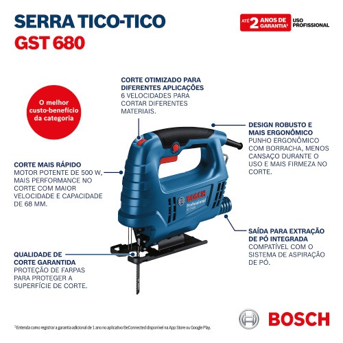 Serra tico tico 500 watts capacidade de corte 68 mm com velocidade variável - GST 680 110V Serra tico tico 500 watts capacidade de corte 68 mm com velocidade variável - GST 680 110V