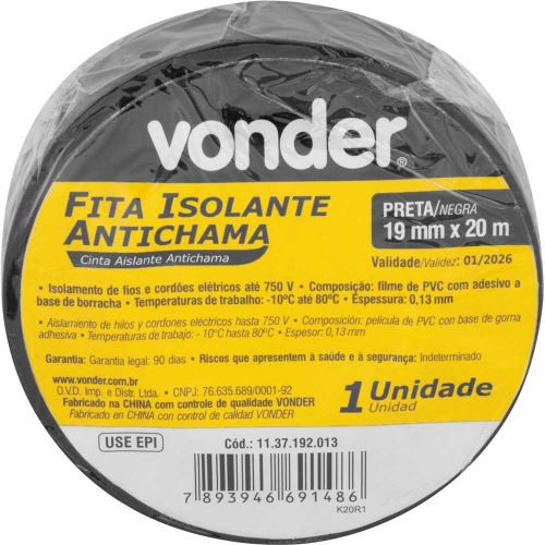 Fita isolante antichama 19 mm x 20 m preta com 10 pe�as