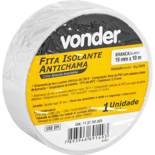Fita isolante antichama 19 mm x 10 m branca com 10 peças Fita isolante antichama 19 mm x 10 m branca com 10 peças