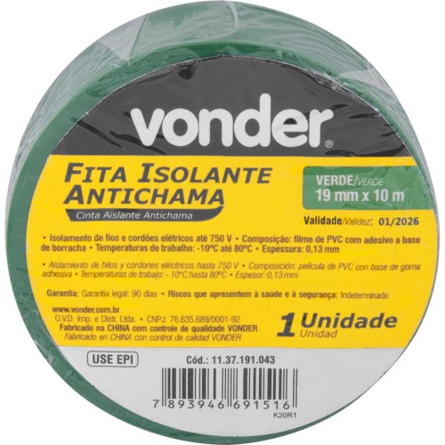 Fita isolante antichama 19 mm x 10 m verde com 10 peças Fita isolante antichama 19 mm x 10 m verde com 10 peças