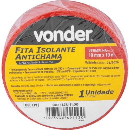Fita isolante antichama 19 mm x 10 m vermelha com 10 peças Fita isolante antichama 19 mm x 10 m vermelha com 10 peças