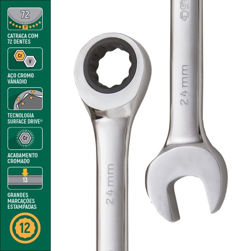 Chave combinada com catraca 24 mm aço cromo vanádio - ST43215ST Chave combinada com catraca 24 mm aço cromo vanádio - ST43215ST