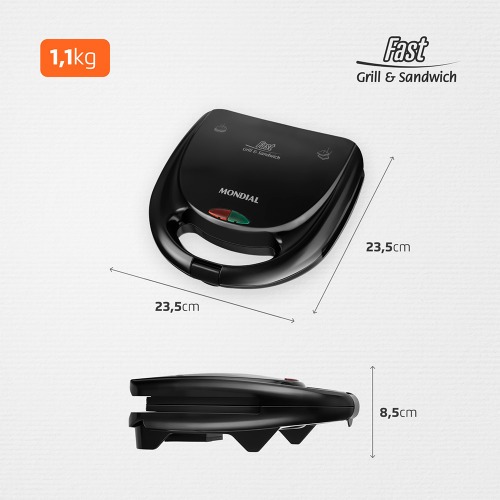Sanduicheira Grill antiaderente 750 watts preta - S-12  110V