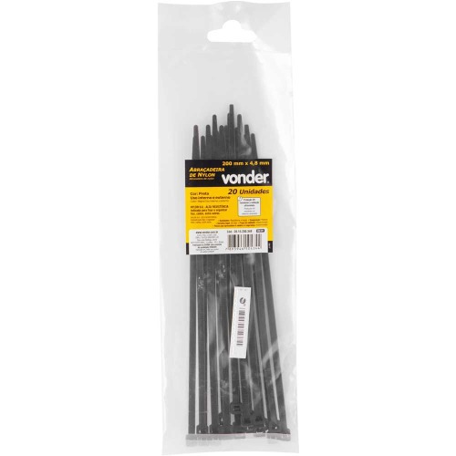 Abraçadeira de nylon preta 4,8 x 20 cm embalagem com 20 peças Abraçadeira de nylon preta 4,8 x 20 cm embalagem com 20 peças