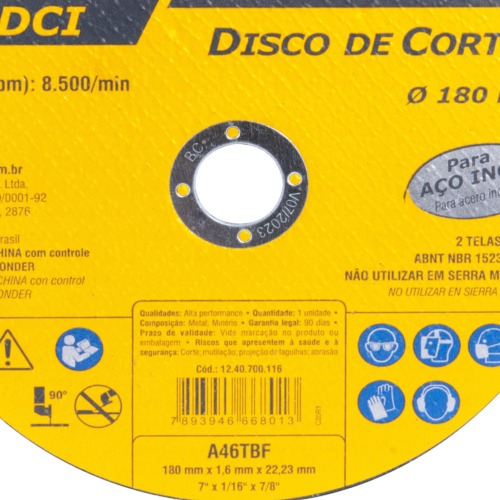 Disco de corte 180 x 1,6 x 22,23 mm DCI INOX 