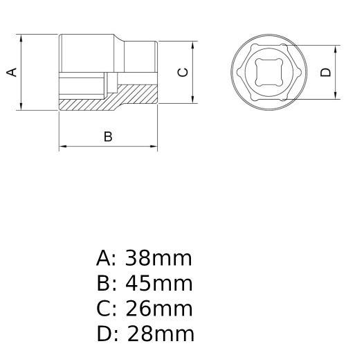 Soquete sextavado 28 mm encaixe 1/2