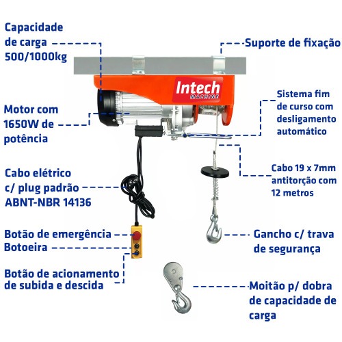 Guincho Talha elétrica 500/1000 kg elevação até 12 m - ELEV1000 110V Guincho Talha elétrica 500/1000 kg elevação até 12 m - ELEV1000 110V