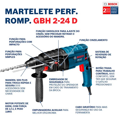 Martelete Perfurador e Rompedor 820W 2,7 joules Sds Plus com nÍvel de alumínio - GBH2-24D 110V Martelete Perfurador e Rompedor 820W 2,7 joules Sds Plus com nÍvel de alumínio - GBH2-24D 110V