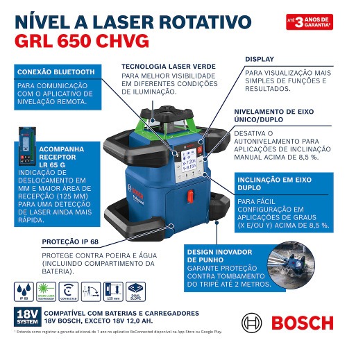Nível a laser verde com alcance de 70 metros rotativo - GRL 650 CHVG Nível a laser verde com alcance de 70 metros rotativo - GRL 650 CHVG