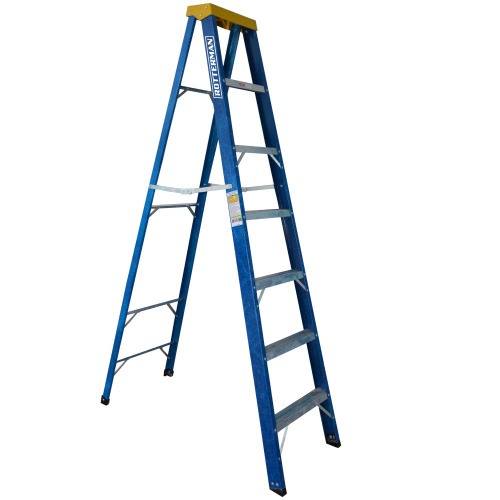 Escada tesoura simples em fibra de vidro 6 degraus + patamar 2,10 m- Premium