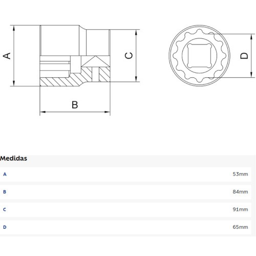 Soquete estriado 65 mm encaixe 1
