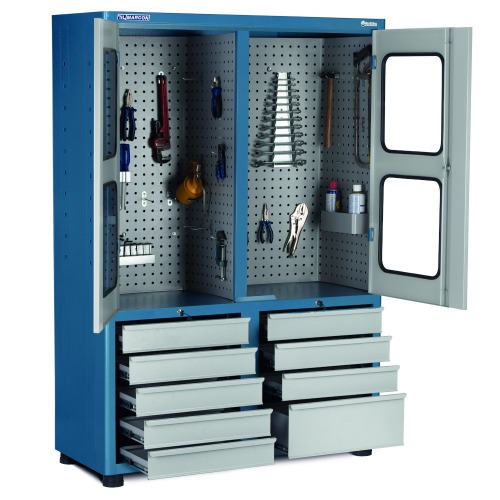 Armário para ferramentas com 2 prateleiras 9 gavetas e portas de vidro - AM-68 Armário para ferramentas com 2 prateleiras 9 gavetas e portas de vidro - AM-68