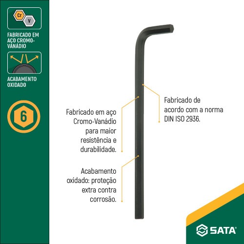 Chave allen hexagonal longa 6 mm aço cromo vanádio - ST84504L Chave allen hexagonal longa 6 mm aço cromo vanádio - ST84504L