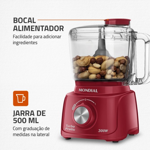 Mini Processador de alimentos 300 watts vermelho Turbo Pratic - MP-16-R  110V