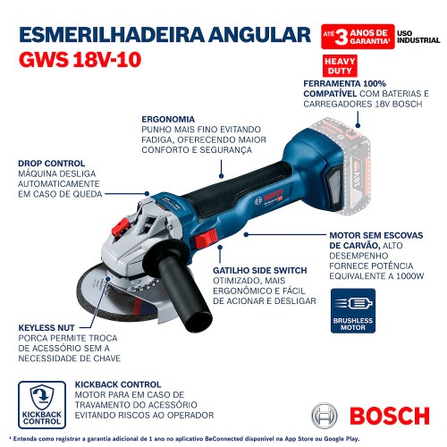 Esmerilhadeira angular a bateria 18V Brushless Sem bateria - GWS 18V-10 Esmerilhadeira angular a bateria 18V Brushless Sem bateria - GWS 18V-10