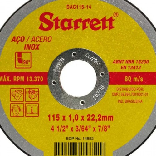 Disco de corte para metal e inox 115 x 1 x 22,2 mm