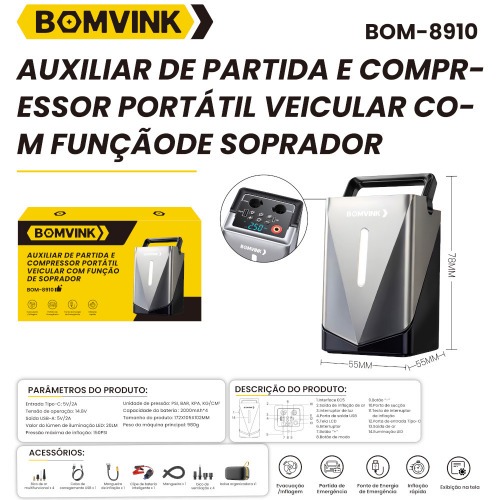 Auxiliar de partida portátil a bateria com compressor integrado e acessórios - BOM-8910 Auxiliar de partida portátil a bateria com compressor integrado e acessórios - BOM-8910