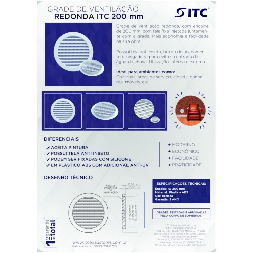 Grade de ventilação plástica para duto de 200 mm - GR200 Grade de ventilação plástica para duto de 200 mm - GR200