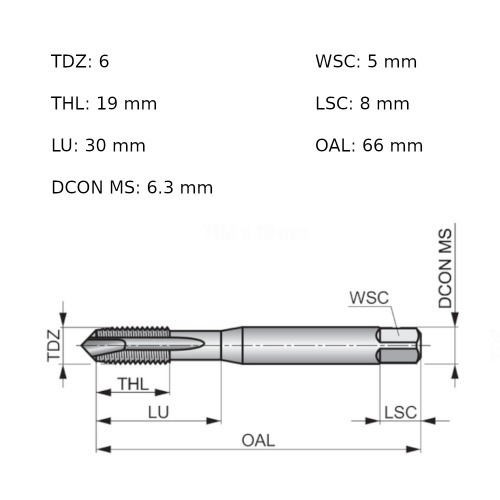 Macho máquina aço rápido ponta helicoidal M6 x 1 mm - E556M6 Macho máquina aço rápido ponta helicoidal M6 x 1 mm - E556M6