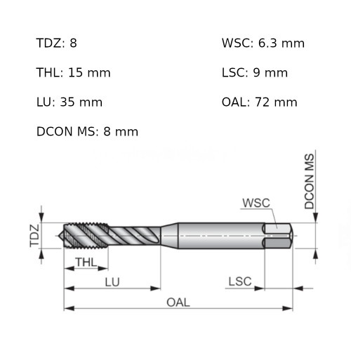 Macho máquina aço rápido canal helicoidal M8 x 1,25 mm E557M8 Macho máquina aço rápido canal helicoidal M8 x 1,25 mm E557M8