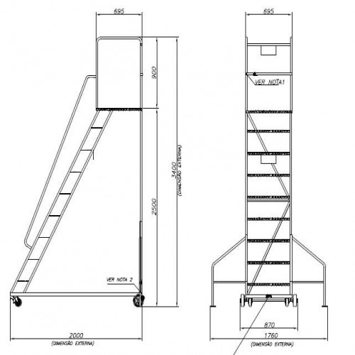 Escada plataforma de ferro 2,5 m 8 degraus + patamar - 58-B