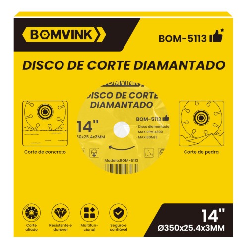 Disco diamantado segmentado 350 mm para concreto e pedra - BOM-5113 Disco diamantado segmentado 350 mm para concreto e pedra - BOM-5113