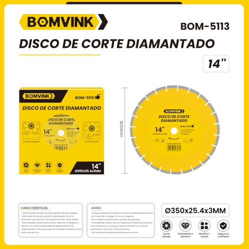 Disco diamantado segmentado 350 mm para concreto e pedra - BOM-5113 Disco diamantado segmentado 350 mm para concreto e pedra - BOM-5113