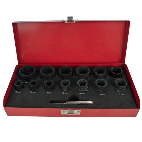 Jogo de extratores de parafusos e porca danificadas 10 a 27 mm 14 peças Jogo de extratores de parafusos e porca danificadas 10 a 27 mm 14 peças