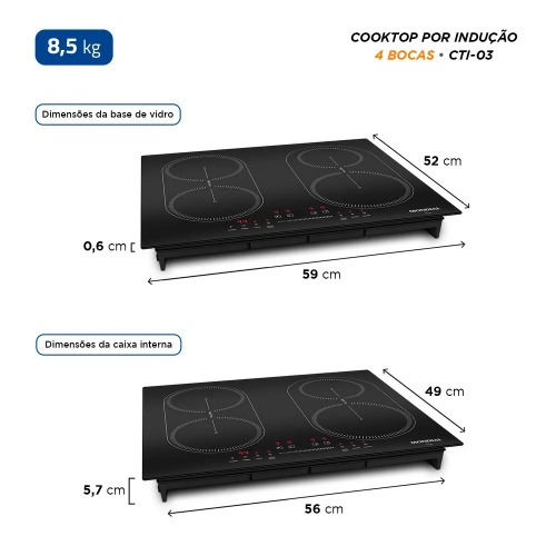 Cooktop de indução 4 bocas 7000W display digital touch - CTI-03 220V Cooktop de indução 4 bocas 7000W display digital touch - CTI-03 220V