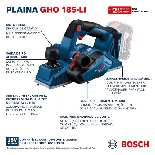 Plaina a bateria 18V Brushless corte por passada 2,6 mm Sem Bateria - GHO 185-LI