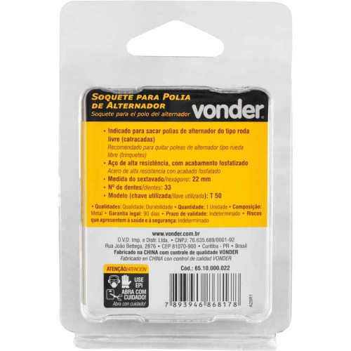 Soquete especial para polia de alternador sextavado 22 mm x estriado 33 dentes Soquete especial para polia de alternador sextavado 22 mm x estriado 33 dentes