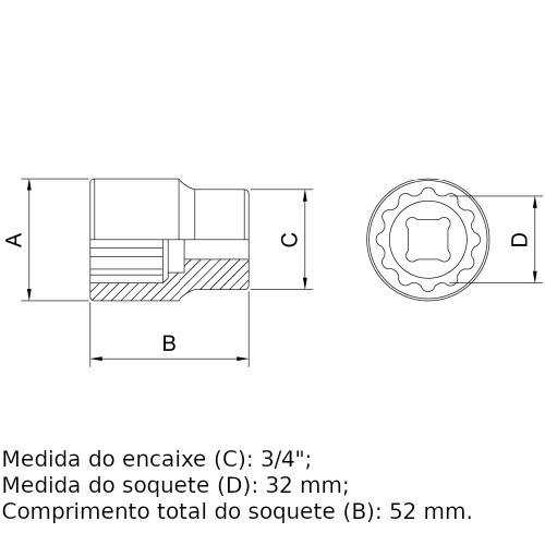 Soquete estriado 32 mm encaixe 3/4 Soquete estriado 32 mm encaixe 3/4