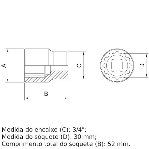Soquete estriado 30 mm encaixe 3/4