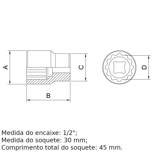 Soquete estriado 30 mm encaixe 1/2 Soquete estriado 30 mm encaixe 1/2