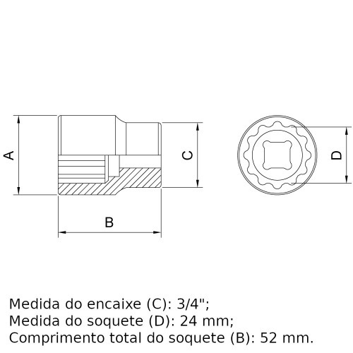 Soquete estriado 24 mm encaixe 3/4 Soquete estriado 24 mm encaixe 3/4