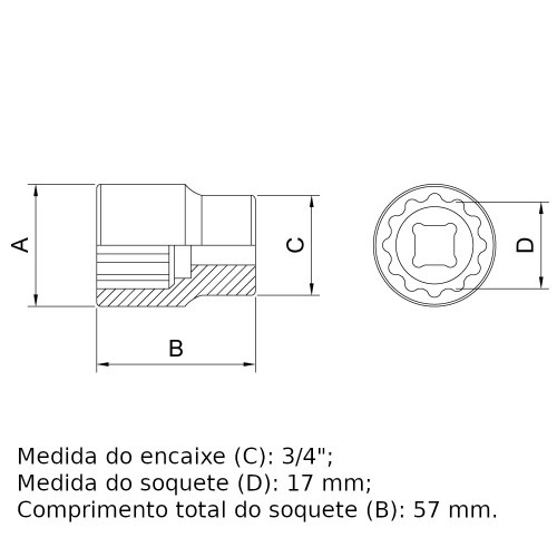 Soquete estriado 17 mm encaixe 3/4 Soquete estriado 17 mm encaixe 3/4