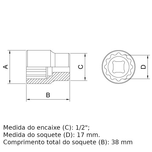 Soquete estriado 17 mm encaixe 1/2 Soquete estriado 17 mm encaixe 1/2