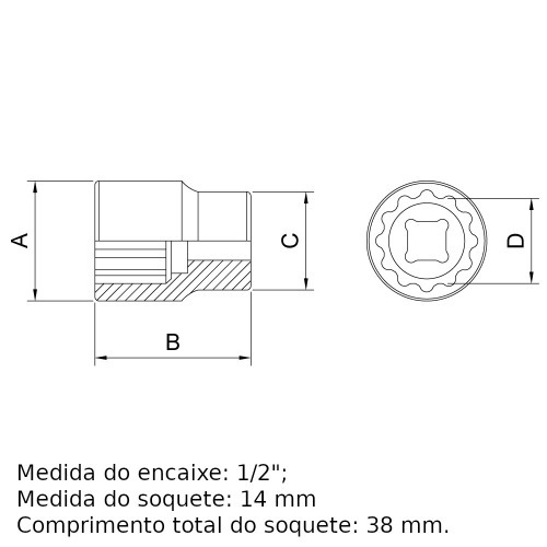 Soquete estriado 14 mm encaixe 1/2 Soquete estriado 14 mm encaixe 1/2