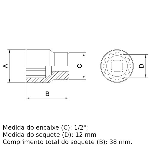 Soquete estriado 12 mm encaixe 1/2 Soquete estriado 12 mm encaixe 1/2
