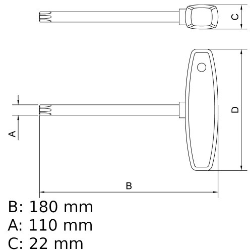 Chave hexalobular T45 x 150 mm cabo T aço cromo vanádio Chave hexalobular T45 x 150 mm cabo T aço cromo vanádio