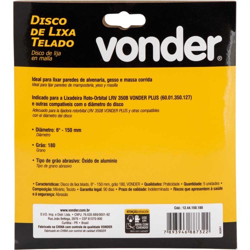 Disco de lixa telado 150 mm gr�o 180 com 5 pe�as