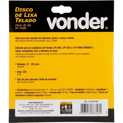Disco de lixa telado 225 mm gr�o 220 com 5 pe�as