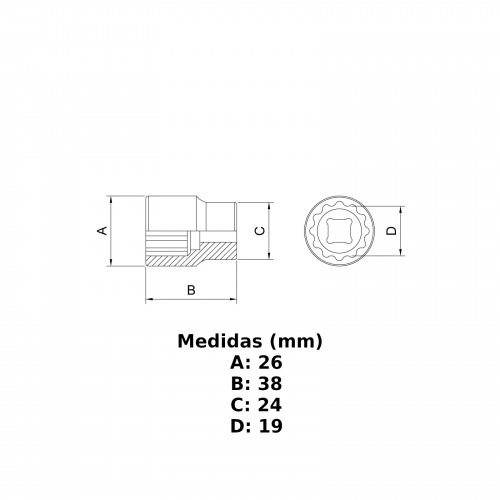 Soquete sextavado 19 mm encaixe 1/2 Soquete sextavado 19 mm encaixe 1/2