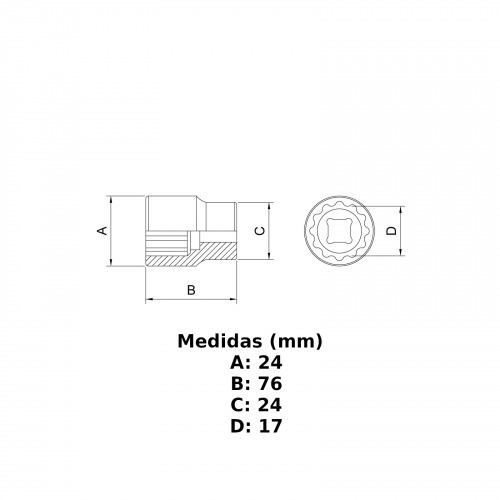 Soquete estriado longo 17 mm encaixe 1/2 Soquete estriado longo 17 mm encaixe 1/2