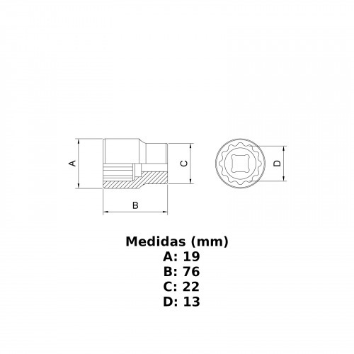 Soquete estriado longo 13 mm encaixe 1/2 Soquete estriado longo 13 mm encaixe 1/2